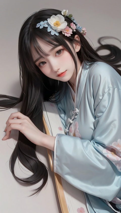 best quality,masterpiece,realistic,(simple background:1.3),hair ornament,1girl,solo,black hair,long hair,mountain,cloud,(flower:1.2),upper body,wind,hanfu , hair ornament , chinese clothes,leaf,lying,(on side:1.5),ink wash painting,ink,head hold,huge_breasts,1 girl,light smile