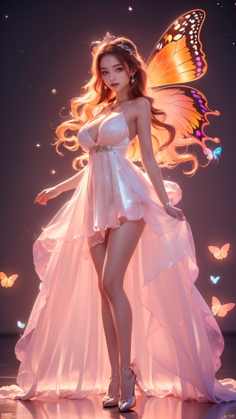 Full body shot, 16 year old fairy, super cute, exquisite facial features, (huge boobs), rainbow wedding dress, bubbles, stars, butterflies, glitter, hair accessories and necklace, 16k resolution, best quality, highest quality, ultra high definition , ultra-fine details, 1girl