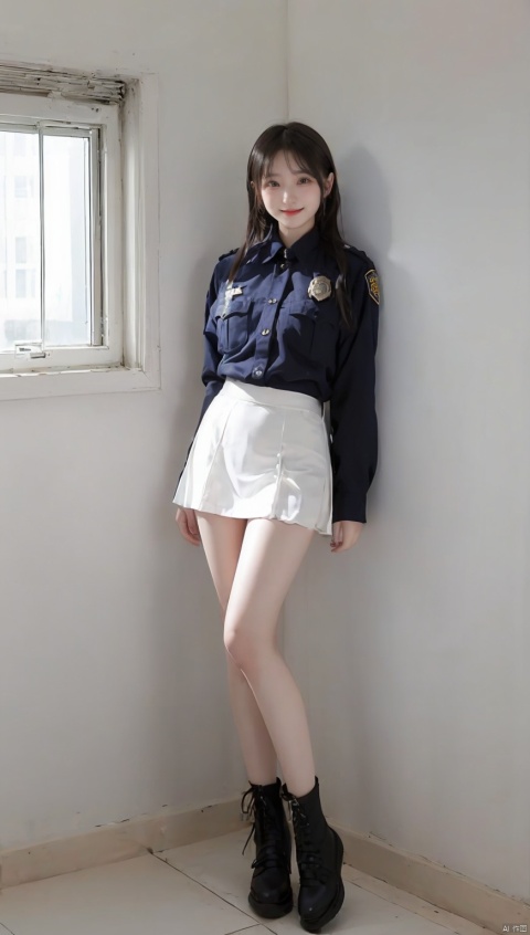  (2_girls:1.9),twins,kind smile,sexy,standing,full body,police officer,Transparent white gauze short skirt, moyou, wangyushan,huge_breasts,light smile