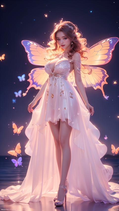 Full body shot, 16 year old fairy, super cute, exquisite facial features, (huge boobs), rainbow wedding dress, bubbles, stars, butterflies, glitter, hair accessories and necklace, 16k resolution, best quality, highest quality, ultra high definition , ultra-fine details, 1girl