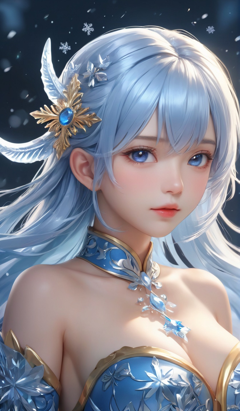  ((best quality)), ((masterpiece)), ((ultra-detailed)), extremely detailed CG, (illustration), ((detailed light)), (an extremely delicate and beautiful), a girl, solo, ((upper body,)), ((cute face)), expressionless, (beautiful detailed eyes), full breasts, (medium breasts:1.2), blue dragon eyes, (Vertical pupil:1.2), white hair, shiny hair, colored inner hair, [Armor_dress], blue_hair ornament, ice adorns hair,depth of field, [ice crystal], (snowflake), dofas, tqj-hd, chinese new year