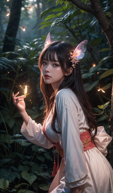 masterpiece, best quality, high quality,extremely detailed CG unity 8k wallpaper, An enchanting and dreamy scene of a fantasy forest, (with towering trees), (pink),glowing mushrooms, and hidden fairy glens, creating a sense of mystique and enchantment, BREAK, (1 cute girl, solo, chasing fireflies:1.3), artstation, digital illustration, intricate, trending, pastel colors, oil paiting, award winning photography, Bokeh, Depth of Field, HDR, bloom, Chromatic Aberration ,Photorealistic,extremely detailed, trending on artstation, trending on CGsociety, Intricate, High Detail, 1girl, xinniang,qbxjl,backlight, real skin, between_breasts,skin texture, Realistic,（Hanfu Chinese style:1.4）