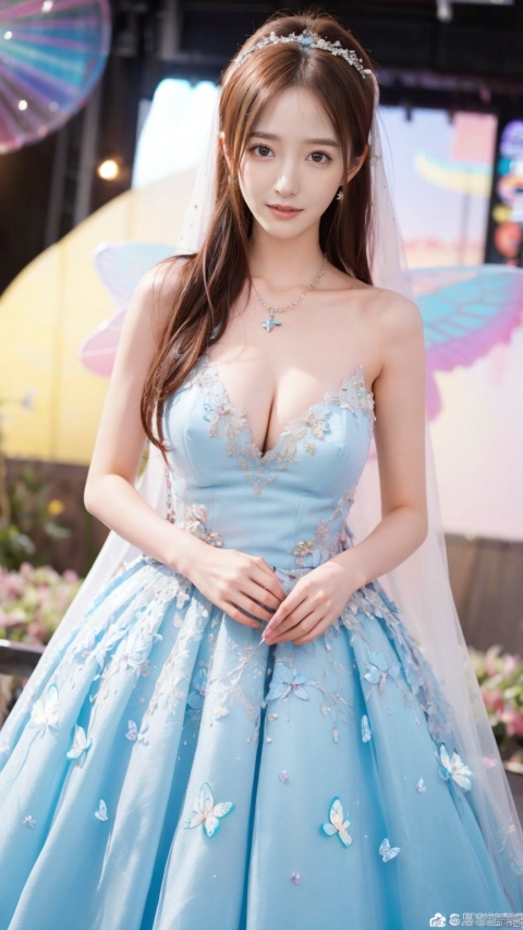 Full body shot, 16 year old fairy, super cute, exquisite facial features, (huge boobs), rainbow wedding dress, bubbles, stars, butterflies, glitter, hair accessories and necklace, 16k resolution, best quality, highest quality, ultra high definition , ultra-fine details