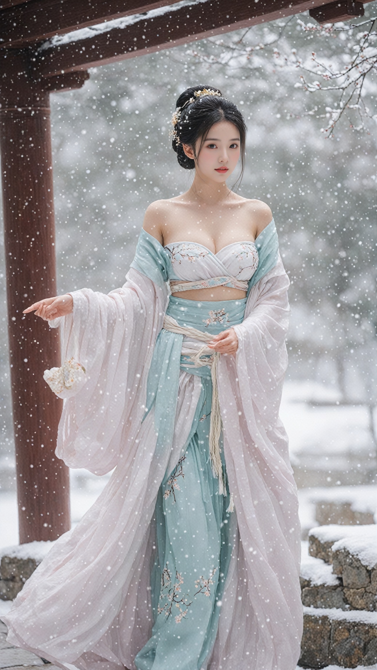  arien_hanfu,1girl,(Masterpiece:1.2), best quality, arien_hanfu,1girl, (falling_snow:1.3), looking_at_viewer,(big breasts:1.88), (plump breasts:1.7),(Tube top Hanfu:1.2),hand101,full body
