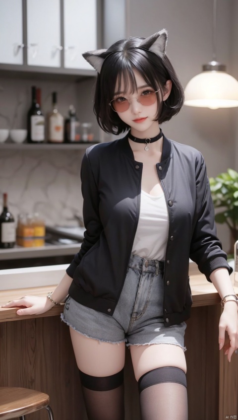 (female): solo,full body, (perfect face), (detailed outfit), (20 years old), cool female, (wolf ears), confident,black hair, short hair, curly hair, grey eyes, pale skin, large chest_circumference, (black jacket, grey shirt), (black shorts, black thighhighs), (sunglasses), (bracelet), (choker)

(background): from front, indoor, (bar), (counter), (stools), (bottles), (lights), evening, (clear)

(effects): (masterpiece), (best quality), (sharp focus), (depth of field), (high res)

,light smile,huge_breasts,1girl