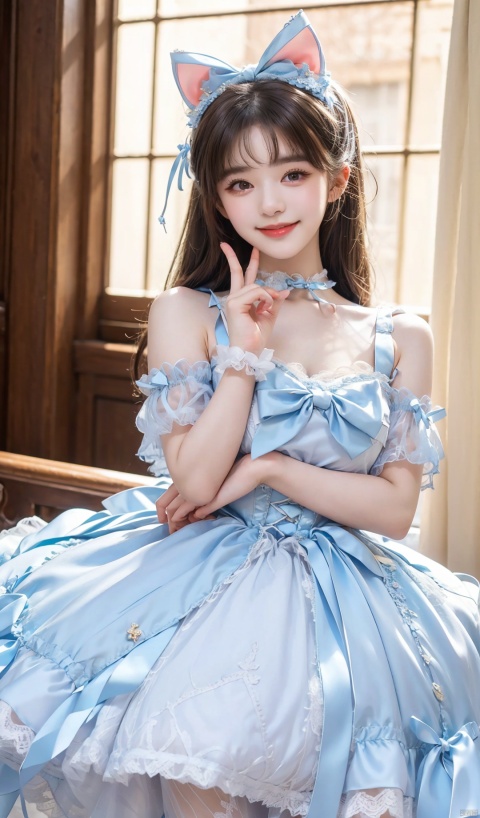  (Good structure), DSLR Quality,Depth of field,kind smile,looking_at_viewer,Dynamic pose, ,(wariza),,Girl, bare shoulders, , boobs, bow tie, ,purple eyes, cat ears, collar, ((Lolita Dress: 1.4)) , blue and white Lolita dress, wrinkled leg outfit, hand-held, lips, nose, shoulders, , alone, long_hair, kind smile, looking at the audience, white leg costume, wrist cuffs, 1girl,,looking_at_viewer, , lolidress , zhaosilu