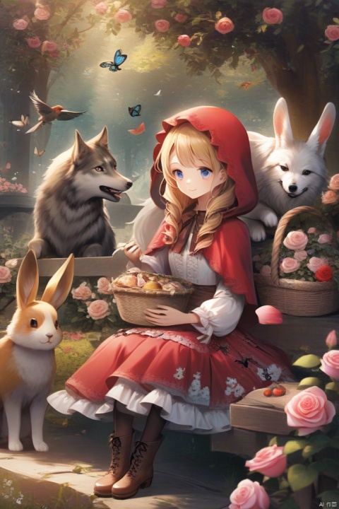  little red riding hood \(grimm\), flower, blonde hair, boots, blue eyes, butterfly, rose, rabbit, bug, pantyhose, pink rose, bird, long hair, sitting, french text, hood, english text, basket, wolf, multiple girls, tree, 1girl, smile, dress, food, pink flower, colors