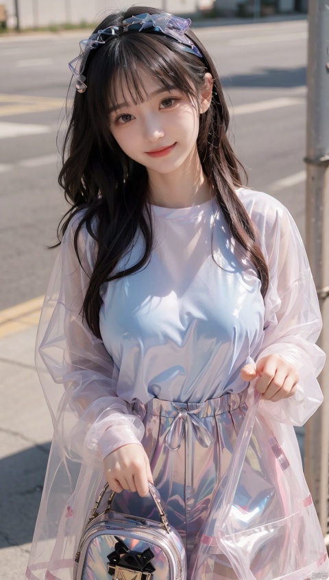 Best quality,masterpiece,transparent color PVC clothing,transparent color vinyl clothing,prismatic,holographic,chromatic aberration,fashion illustration,masterpiece,girl with harajuku fashion,looking at viewer,8k,ultra detailed,pixiv,,huge_breasts,1 girl,light smile
