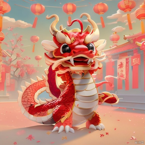  red dragon,smile,outdoors,simple background,,The background is light red, with firecrackers, lanterns, plum blossoms, auspicious clouds, and an embroidered ball on the ground,The background is light red, with firecrackers, lanterns, plum blossoms, and many clouds. Among the clouds, there is an embroidered ball on the ground