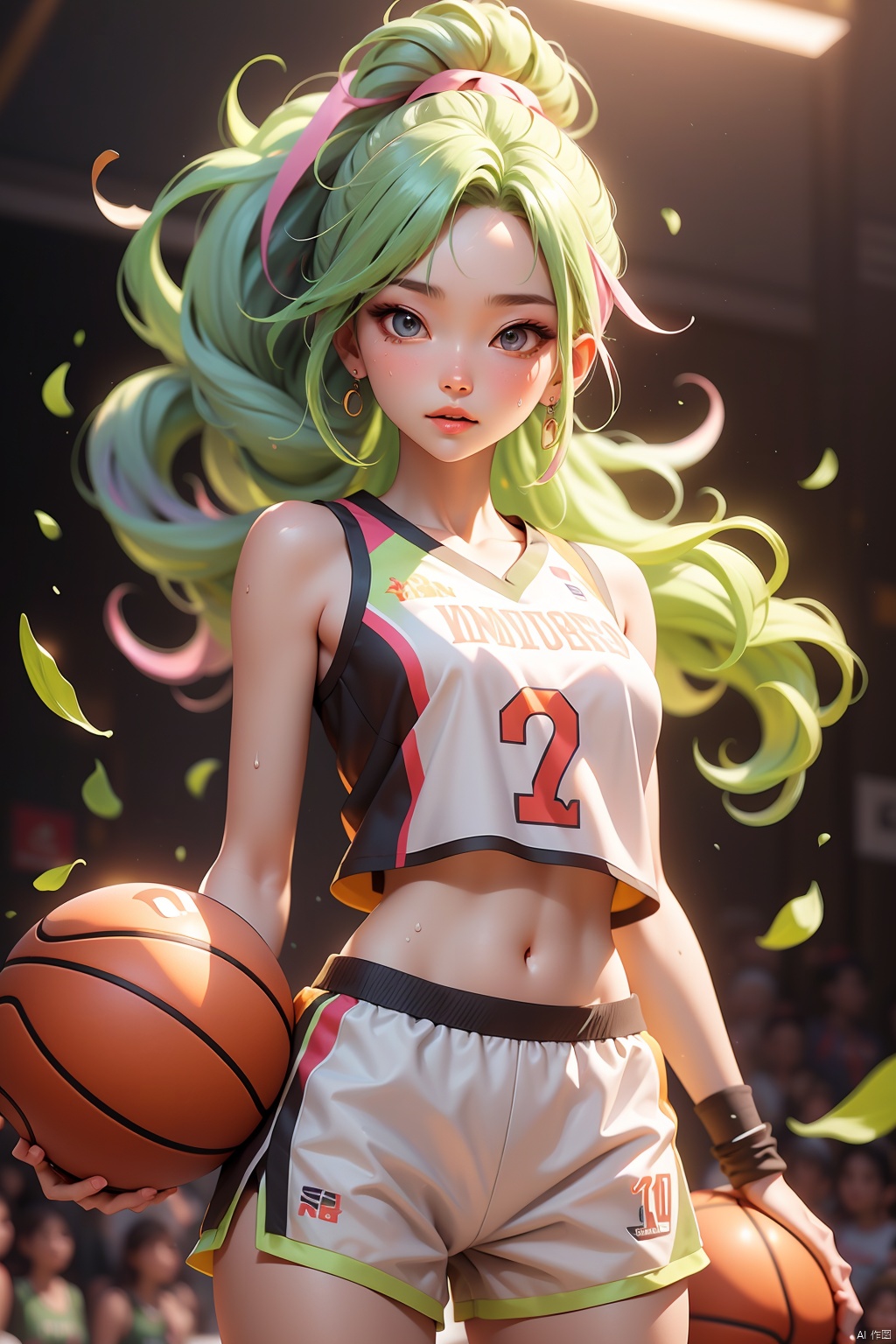  1girl,Basketball babe,solo,long hair,breasts,look at viewer,navel,bare shoulders,jewelry,medium breasts,standing,ponytail,multicolored hair,cowboy shot,sweat,earrings,parted lips,lemon yellow hair,shorts,sleeveless,midriff,indoors,two-tone hair,lips,crop top,short shorts,gradient hair,chain,watermark,white shorts,sportwear,basketball,sweatband,basketball uniform,beauty,3D face,elegant,enchanting,exquisite attire,highly detailed,bright blue eyes,mart station,lemon yellow  long hair,colorful hair,floating hair,cute face,wearing a white gradient colored  basketball jersey,Asian beauty,HD,and 8K,sogl, blind box effect