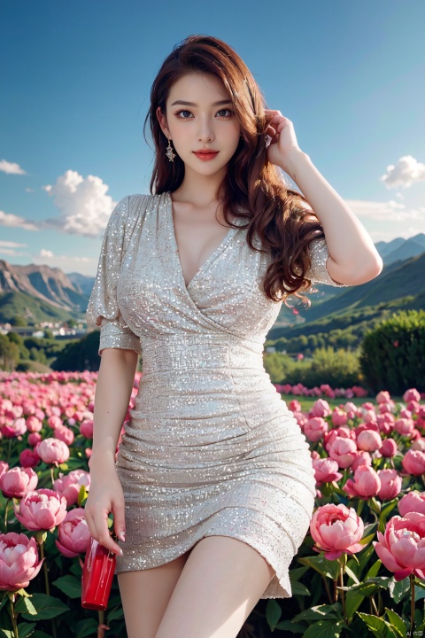  leogirl,seductive detailed skin,ultra realistic,picture-perfect face,flawless,clean,masterpiece,professional artwork,famous artwork,cinematic lighting,cinematic bloom,anime girl,1girl,beautiful korean girl,beautiful eyes,solo,mature female,long hair,beautiful black hair,(Spring scenery, mountains in the distance, beautiful clouds, peony flower fields,peony), (standing),very_long_legs,, silver sequin dress,dress