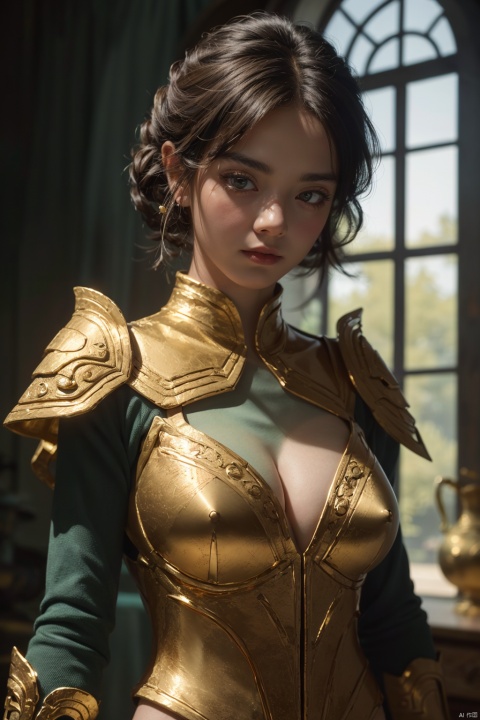 masterpiece,best quality,8K,HDR,RAW,looking at viewer,gjbz,bronze ware,gold decoration,green skin,1girl,(solo),(large_breasts),upper_body,