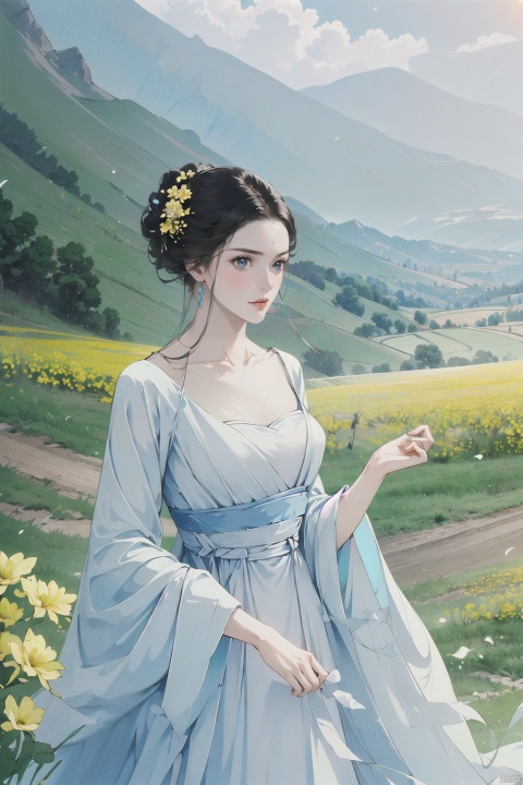 Realistic,masterpiece,best quality,8K,HDR,RAW,1girl,hanfu,((solo)),(Spring scenery, mountains in the distance, beautiful clouds, rape flower fields),(standing),large breasts,looking at viewer,yinyunguofeng,