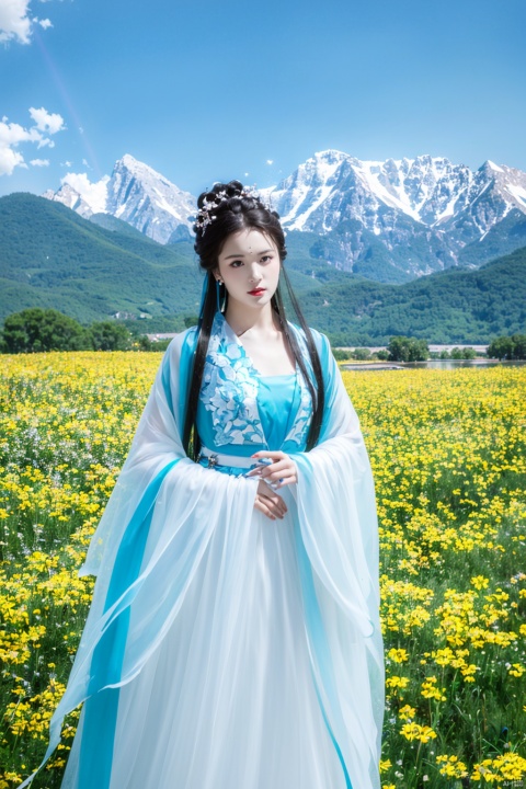 Realistic,masterpiece,best quality,8K,HDR,RAW,1girl,hanfu,((solo)),(Spring scenery, mountains in the distance, beautiful clouds, rape flower fields),(standing),large breasts,looking at viewer,yinyunguofeng,