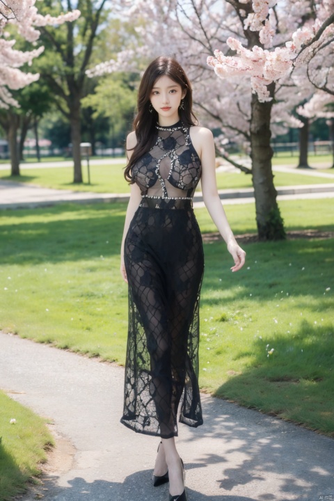  Realistic, masterpiece, 8K, a beautiful girl, long black hair, ((solo)), full body,(huge breasts),((Spring scenery, parks, peach blossoms)), (standing), black lace dress, 