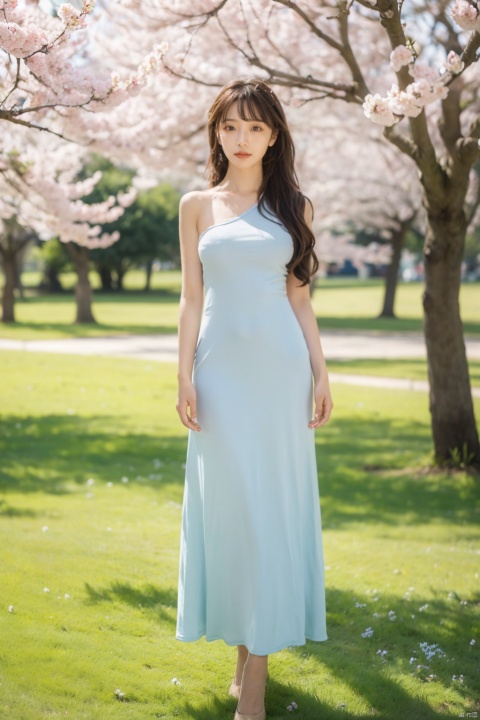  Realistic, masterpiece, best quality,8K,HDR,RAW,A beautiful girl,1 girl, perfect face, beautiful eyes, good expression, charming,full body, (Spring scenery, parks, peach blossoms), (standing),enne,one-shoulder dress, 