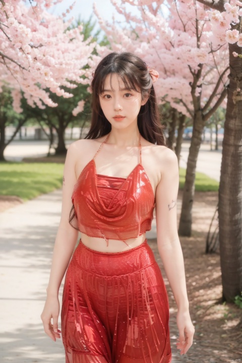  Realistic, masterpiece, best quality,8K,HDR,RAW,1girl,((solo)),(Spring scenery, parks, peach blossoms), (standing),large breasts,enne,red theme,moyou