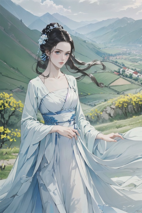 Realistic,masterpiece,best quality,8K,HDR,RAW,1girl,hanfu,((solo)),(Spring scenery, mountains in the distance, beautiful clouds, rape flower fields),(standing),large breasts,looking at viewer,yinyunguofeng,