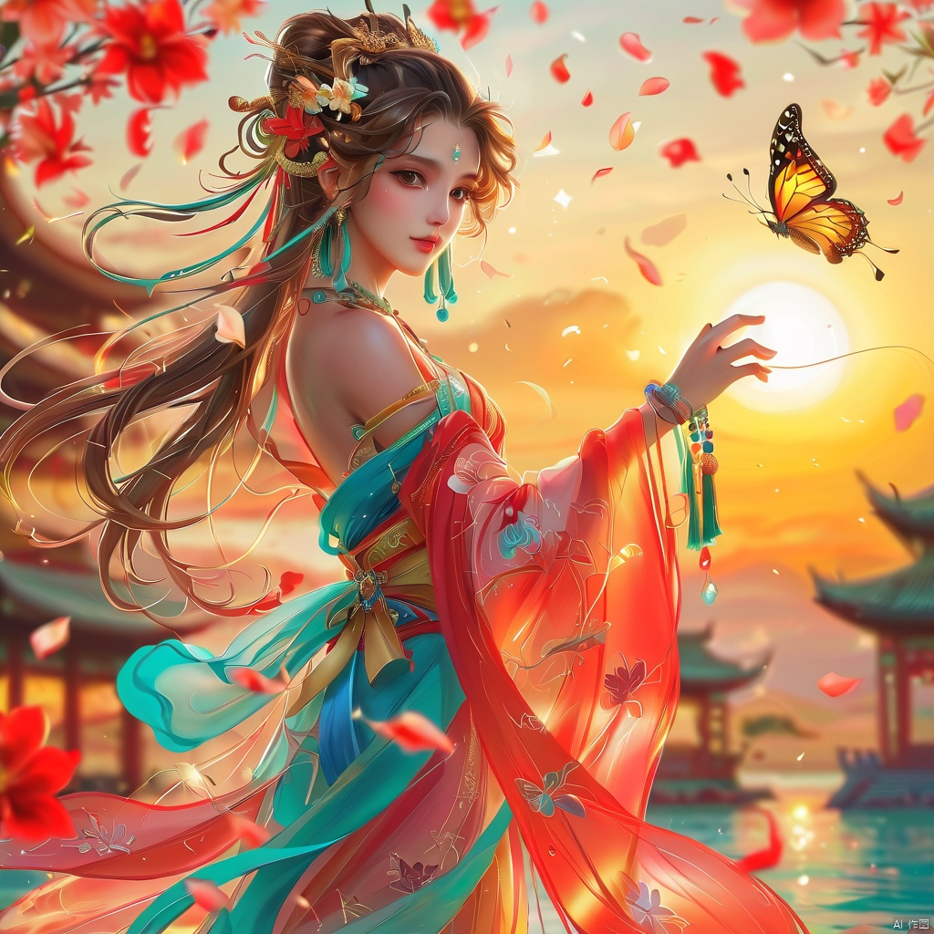  dunhuang,1girl, solo, long hair, looking at viewer, bangs, brown hair, hair ornament, long sleeves, dress, bare shoulders, jewelry, standing, ponytail, flower, earrings, outdoors, parted lips, detached sleeves, hair flower, wide sleeves, water, blurry, bracelet, from side, sash, petals, depth of field, blurry background, bug, butterfly, tassel, backlighting, dunhuang