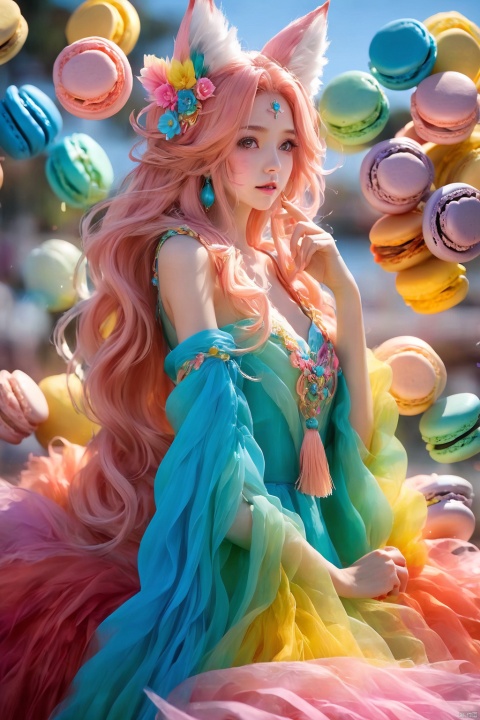  duobaansheying,(Masterpiece:1.3),(8K,Realistic,RAW photogr,Best Quality:1.4),National Geographic,Photo Contest Winner,Dopamine,(Macaron Color:1.2),1girl,Solo,Long Hair,Breasts , looking at viewer, dress, animal ears, cleavage, hair between eyes, bare shoulders, closed mouth, tail, detached sleeves,, animal ear fluff, fox ears, fox tail, facial markings, macaron color dress, fox girl, multiple tails, tassels, ahri \(League of Legends\),Normal hands, 5 fingers on each hand
