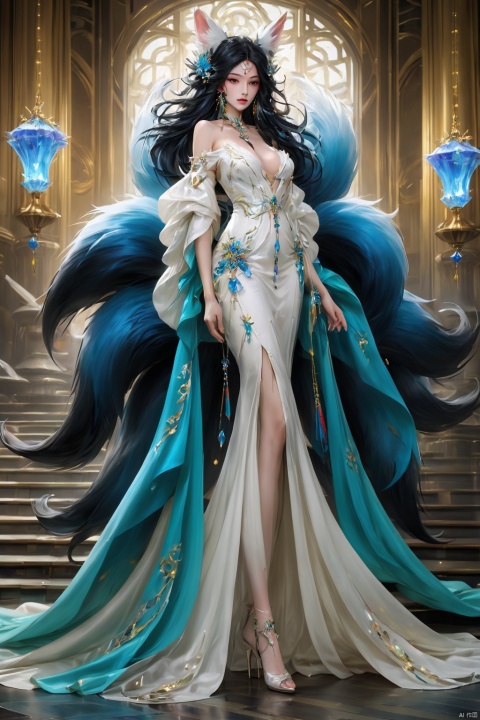 1girl,solo,long hair,breasts,looking at viewer
,black hair,hair ornament,dress,animal ears,cleavage,bare shoulders,jewelry,medium breasts,standing,tail,full body,earrings,detached sleeves,,indoors,white dress,high heels,lips,animal ear fluff,fox ears
,fox tail,facial mark,white footwear,fox girl
,multiple tails,gem, stairs,realistic,ahri \(league of legends\)