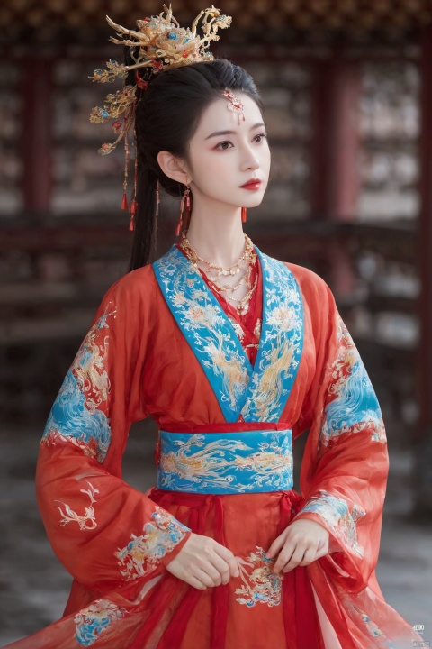  guofeng, 1girl, solo, long hair, hair ornament, long sleeves, dress, jewelry, standing, full body, flower, teeth, hair bun, red dress, from side, chinese clothes, single hair bun, dragon, eastern dragon, normal hands, 5 fingers per hand, Beautiful eyes, big eyes, HD details,
