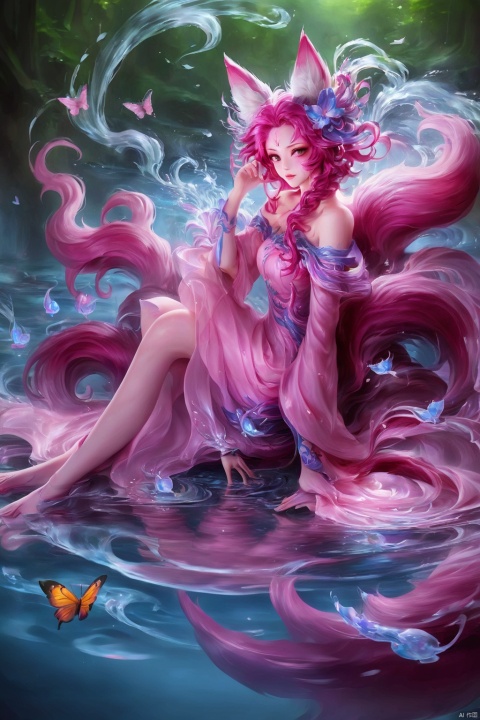 1girl.solo,short hair,hair ornament,dress,animal ears,bare shoulders,sitting,tail,pink hair,water
,fox ears,fox tail,bug,multiple tails,butterfly
,alternate hair color,ahri \(league of legends\)