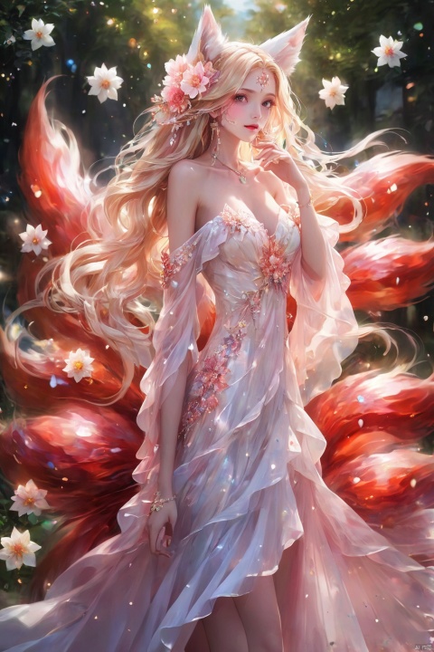  1girl,solo,long hair,breasts,looking at viewer,blonde hair,hair ornament,dress,animal ears,cleavage,bare shoulders,jewelry,medium breasts,closed mouth,standing,tail,flower,cowboy shot,earrings,detached sleeves,hand up,hair flower,white dress,lips,see-through,fox ears,sparkle,strapless,fox tail,facial mark,fox girl,multiple tails,strapless dress,stairs, duobaansheying