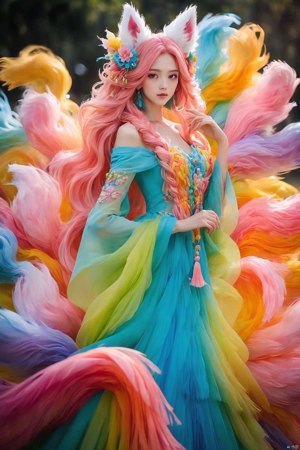  duobaansheying,(Masterpiece:1.3),(8K,Realistic,RAW photogr,Best Quality:1.4),National Geographic,Photo Contest Winner,Dopamine,(Macaron Color:1.2),1girl,Solo,Long Hair,Breasts , looking at viewer, dress, animal ears, cleavage, hair between eyes, bare shoulders, closed mouth, tail, detached sleeves,, animal ear fluff, fox ears, fox tail, facial markings, macaron color dress, fox girl, multiple tails, tassels, ahri \(League of Legends\),Normal hands, 5 fingers on each hand