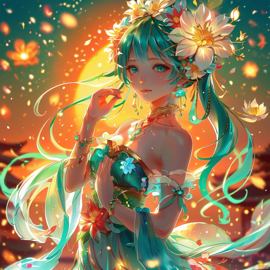  dunhuang,1girl, solo, long hair, looking at viewer, bangs, hair ornament, dress, holding, bare shoulders, jewelry, upper body, flower, earrings, parted lips, hair flower, necklace, blurry, bracelet, aqua eyes, lips, petals, eyelashes, strapless, aqua hair, floating hair, depth of field, blurry background, glowing, white flower, light particles, armlet, backlighting, holding flower, hatsune miku