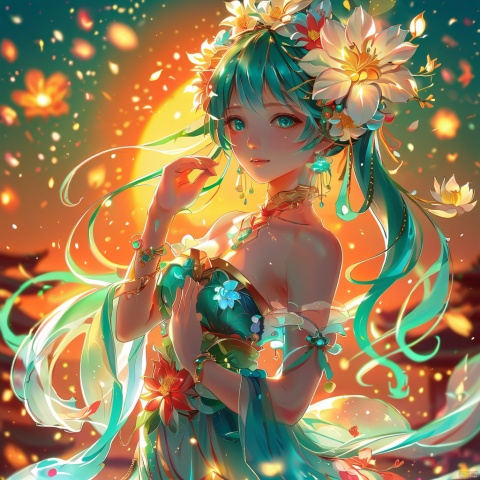  dunhuang,1girl, solo, long hair, looking at viewer, bangs, hair ornament, dress, holding, bare shoulders, jewelry, upper body, flower, earrings, parted lips, hair flower, necklace, blurry, bracelet, aqua eyes, lips, petals, eyelashes, strapless, aqua hair, floating hair, depth of field, blurry background, glowing, white flower, light particles, armlet, backlighting, holding flower, hatsune miku