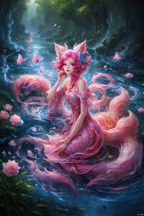 1girl.solo,short hair,hair ornament,dress,animal ears,bare shoulders,sitting,tail,pink hair,water
,fox ears,fox tail,bug,multiple tails,butterfly
,alternate hair color,ahri \(league of legends\),duobaansheying