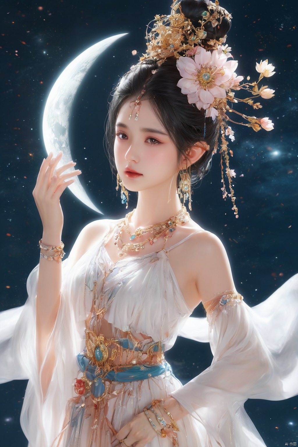  guofeng, 1girl, solo, black hair, hair ornament, dress, jewelry, full body, closed eyes, flower, earrings, necklace, hair bun, white dress, bracelet, moon, single hair bun, lotus , Normal arms, normal hands, 5 fingers per hand, Beautiful eyes, big eyes, HD details, dunhuang