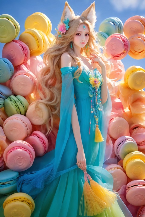  duobaansheying,(Masterpiece:1.3),(8K,Realistic,RAW photogr,Best Quality:1.4),National Geographic,Photo Contest Winner,Dopamine,(Macaron Color:1.2),1girl,Solo,Long Hair,Breasts , looking at viewer, dress, animal ears, cleavage, hair between eyes, bare shoulders, closed mouth, tail, detached sleeves,, animal ear fluff, fox ears, fox tail, facial markings, macaron color dress, fox girl, multiple tails, tassels, ahri \(League of Legends\),Normal hands, 5 fingers on each hand