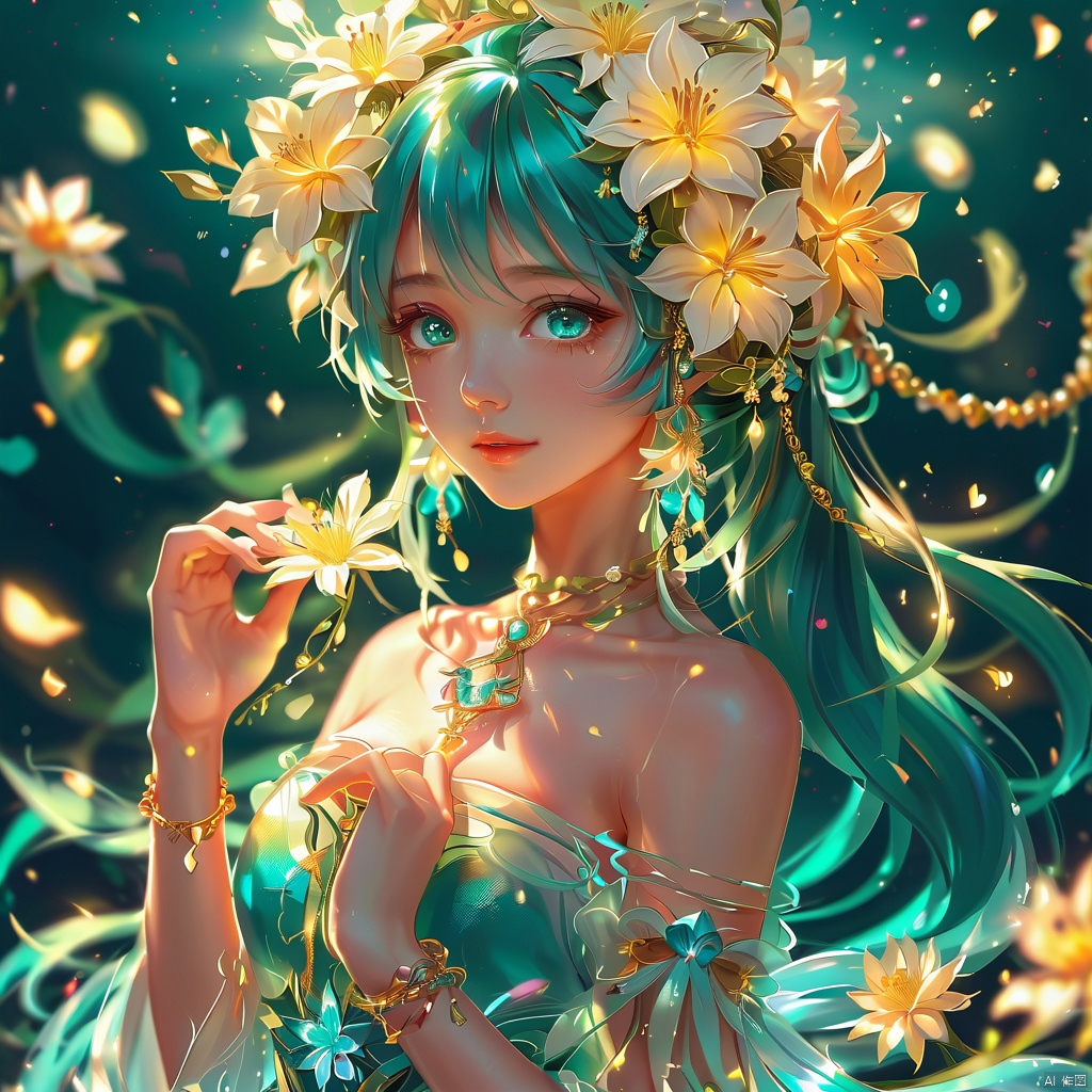  dunhuang,1girl, solo, long hair, looking at viewer, bangs, hair ornament, dress, holding, bare shoulders, jewelry, upper body, flower, earrings, parted lips, hair flower, necklace, blurry, bracelet, aqua eyes, lips, petals, eyelashes, strapless, aqua hair, floating hair, depth of field, blurry background, glowing, white flower, light particles, armlet, backlighting, holding flower, hatsune miku