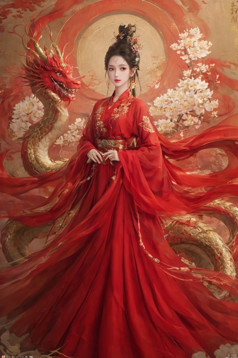 guofeng, 1girl, solo, long hair, hair ornament, long sleeves, dress, jewelry, standing, full body, flower, teeth, hair bun, red dress, from side, chinese clothes, single hair bun, dragon, eastern dragon, normal hands, 5 fingers per hand, Beautiful eyes, big eyes, HD details,
