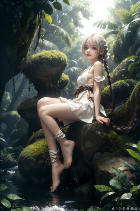  Bare shoulder, white hair, medium hair, golden eyes, white dress, white robe, closed mouth, one braid,closed mouth, raised head, standing, forests,leaves,outdoors,stream,sitting on rock,(petite,loli),(panorama,wide shot,full body,from below,dynamic angle) , backlight