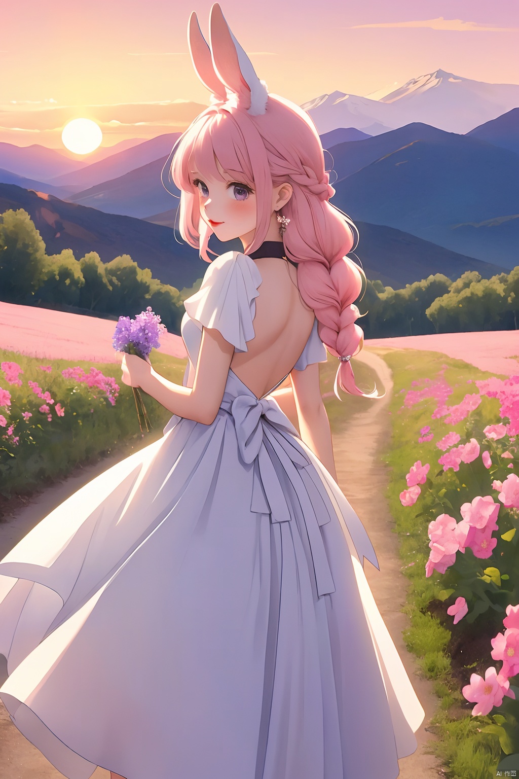 A girl is on a country road,the country road is planted with flowers of various colors on both sides,(before the girl is a little rabbit running to the girl),the girl is touching the flowers with her hands,Winding road,in front of a row of mountains,the main color of the mountain is purple,pink sky,sunset,watercolor,soft color rendering,A very lovely little girl,cute kawaii girl,chibi,(The girl wears a white dress,) Pink hair,braid,medium hair,A pink bow,blush,smile,(Girls don't stand out),From the back,(full view), red lips