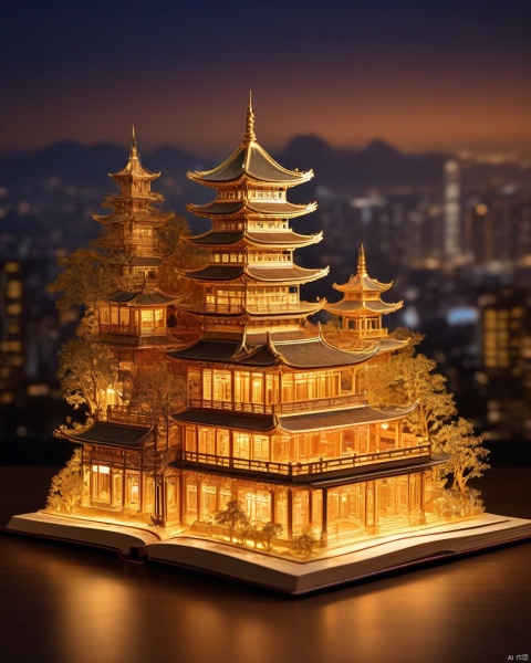 A lighted book,seated front,detailed art style,paper sculpture,geographic photo,hi-res image,paper cut book design oriental palace,tilt photography style,8k resolution,night scene,photo taken with a Nikon D750 with lights on top,cityscape style,intricate woodwork,grandiose gauges,chinese book model,golden light style,pencil art illustration,hi-res image,site-specific artwork,i can't believe how beautiful this is,