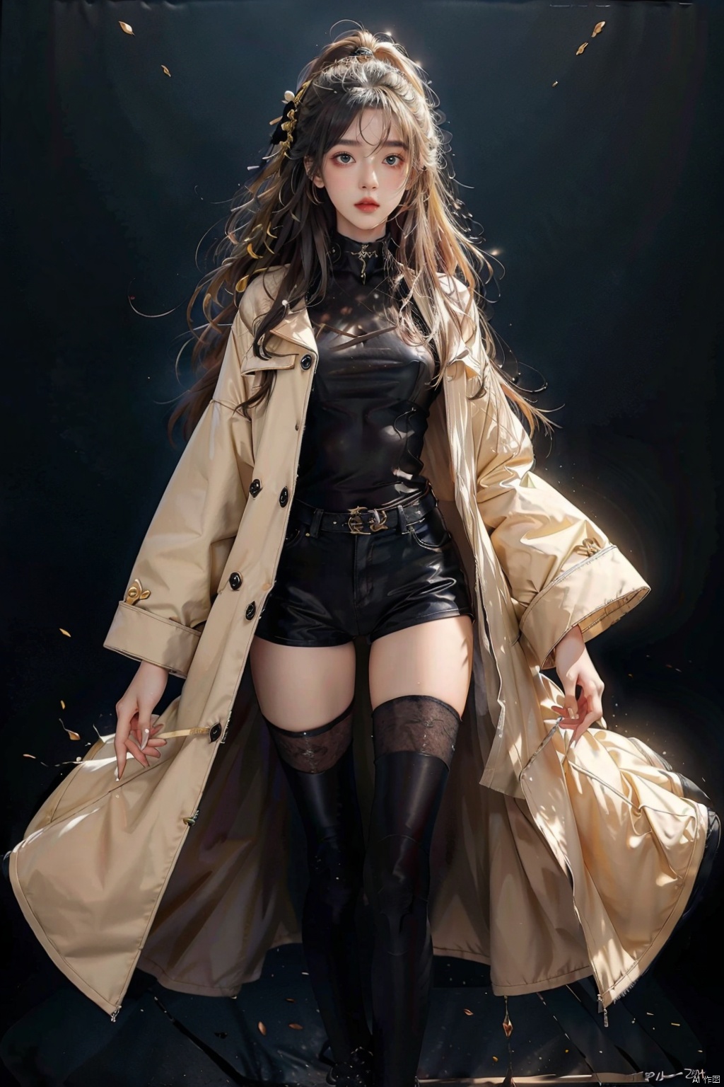  (8K), (portrait shot), (backlight), (yellow light), ((international masterpiece)), (quality), (ultra high definition), (super realistic), dark atmosphere, a girl with long curly hair , wearing a tight black tights, standing, applying lipstick, holding lipstick in hand, long hair, wearing a coat, exquisite facial features, tights looming, collar, shorts, torn socks,, the background is the sunset, golden ink,sssr,full_body