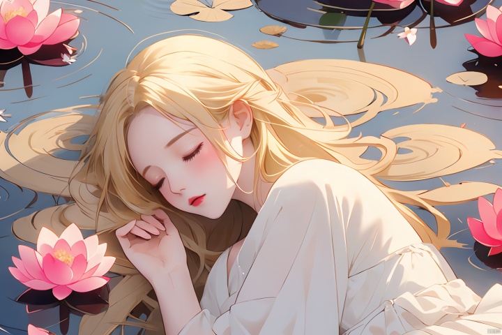 1girl,blonde_hair,hair_over_one_eye,white dress,long_hair,Lying sideways,closed eyes,
lake,(lotus:1.1),(ripples:1.2),,from_side,sleeping,flowers