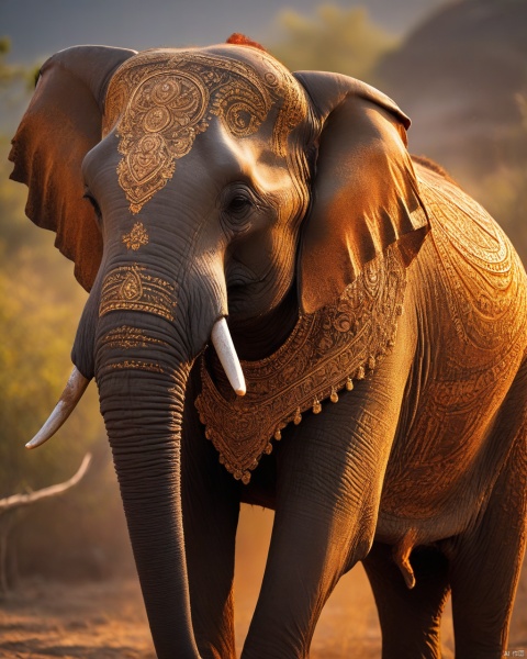 A majestic elephant adorned with intricate ceremonial paint, bathed in the golden light of sunset
