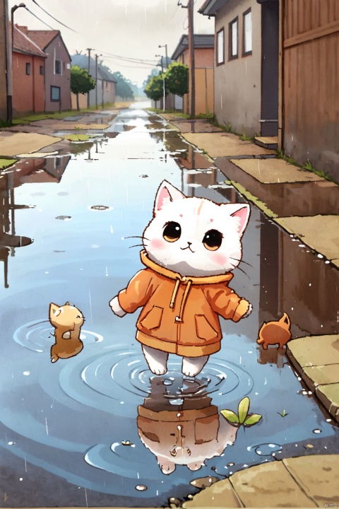  The cat model-xin xin wearing red raincoat and rain shoes beat into the puddle, from one puddle, jumped to another puddle, the mother stepped on the puddle followed up,Background:,street, --ar 3:4