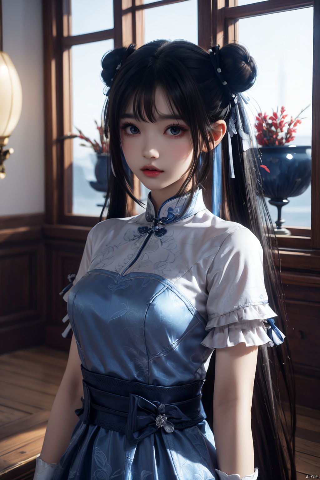  masterpiece,best quality,extremely detailed 8K wallpaper,1girl,zhaolinger,blue and white dress,hair bun,bangs,twintails,black hair,standing,looking at viewer,upper body, zhaolinger