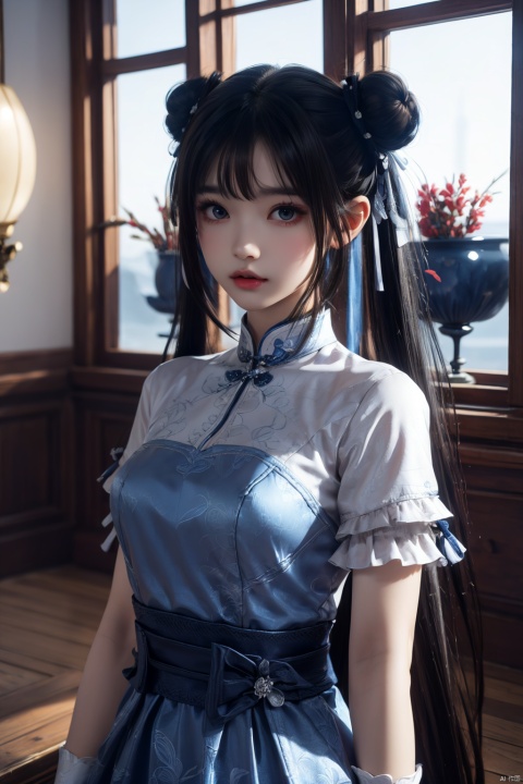  masterpiece,best quality,extremely detailed 8K wallpaper,1girl,zhaolinger,blue and white dress,hair bun,bangs,twintails,black hair,standing,looking at viewer,upper body, zhaolinger