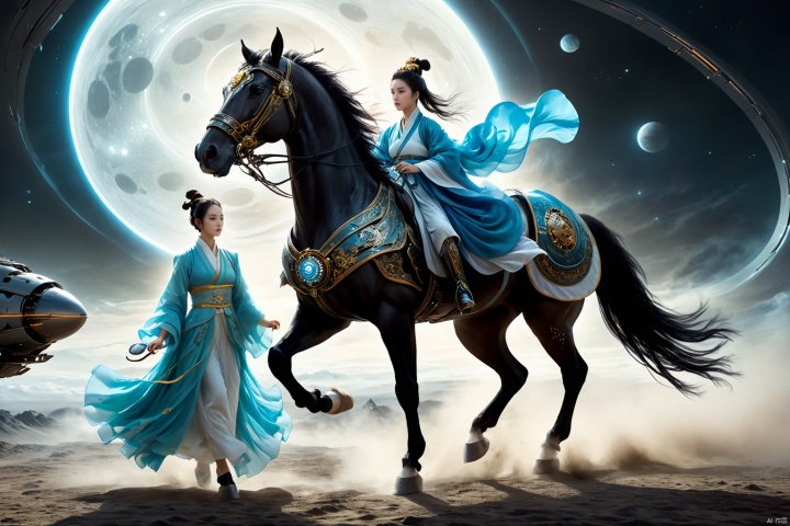  1girl,solo,black hair,hair ornament,hair bun,chinese clothes ,single hair bun,riding,horse,hors,eback riding,The girl is riding on a mechanical warhorse, with an alien spacecraft in the background,Flowing long hair,
A solitary young woman, her long black hair tied up in a sleek, single hair bun accentuated by a dazzling hair ornament, is dressed in authentic Chinese garb that speaks volumes about her cultural heritage. Riding not just any ordinary horse, but a futuristic mechanical warhorse, she stands out against the stark contrast of her surroundings. 
Against the backdrop of an extraterrestrial spacecraft hovering majestically in the distance, this scene encapsulates a fascinating blend of ancient traditions and advanced technology. The girl's confident stance on her high-tech mount symbolizes a seamless integration of the past and the future, where oriental aesthetics meets sci-fi fantasy.
As she navigates the unknown terrain, her equestrian skills adapt seamlessly to the mechanical creature beneath her, suggesting a world where humanity has evolved beyond the conventional bounds of Earthly limitations. In this surreal imagery, the girl on her mechanical warhorse becomes a beacon of resilience and adaptation, bridging worlds and epochs in a thrilling narrative of human progress and cultural endurance.