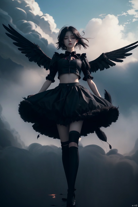  (((masterpiece))),best quality, extremely detailed CG unity 8k, illustration, contour deepening beautiful detailed glow,(beautiful detailed eyes), (1 girl:1.1), ((Bana)), large top sleeves, Floating black ashes, Beautiful and detailed black, red moon, ((The black clouds)), (black Wings) , a black cloudy sky, burning, black dress, (beautiful detailed eyes), black expressionless, beautiful detailed white gloves, (crow), bat, (floating black cloud:1.5),white and black hair, disheveled hair, long bangs, hairs between eyes, black knee-highs, black ribbon, white bowties, midriff,{{{half closed eyes}}},((Black fog)), Red eyes, (black smoke), complex pattern, ((Black feathers floating in the air)), (((arms behind back))), best quality