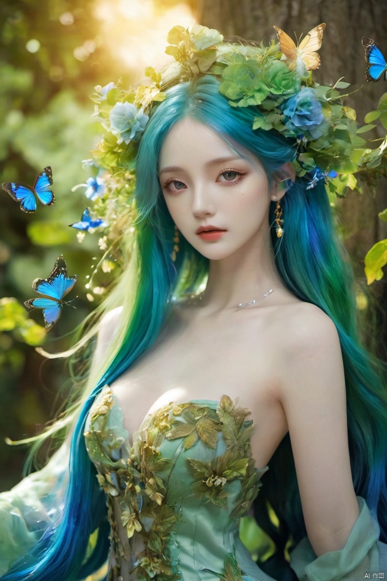  splash art, digital painting, alcohol ink painting, luminism, golden lines, BjD doll face, porcelain skin, baroque, long swirling green hair, lavish green leaves, falling blue flowers, celestial lighting, butterflies, tree branches, sky, golden glowing, water drops,

best quality, masterpiece, high res, absurd res,
perfect lighting, vibrant colors, intricate details,
high detailed skin, pale skin,
, light master, Face Score, 1girl