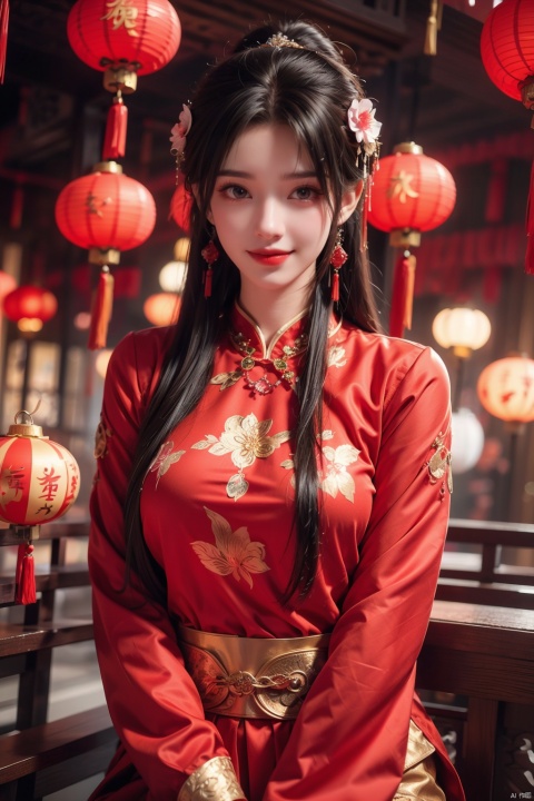  1girl,(solo:1.2),red sweater,sweater,sitting,grin,smile,chinese new year,jewelry,tassel,lantern,make up,hair ornament,(realistic,4K resolution,masterpiece,top quality,best quality,official art,beautiful and aesthetic),photorealistic,red background,paper lantern,eastern dragon