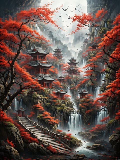  Magnificent ancient architecture, majestic high mountain waterfalls. Red leaves, birds in the air., yiji